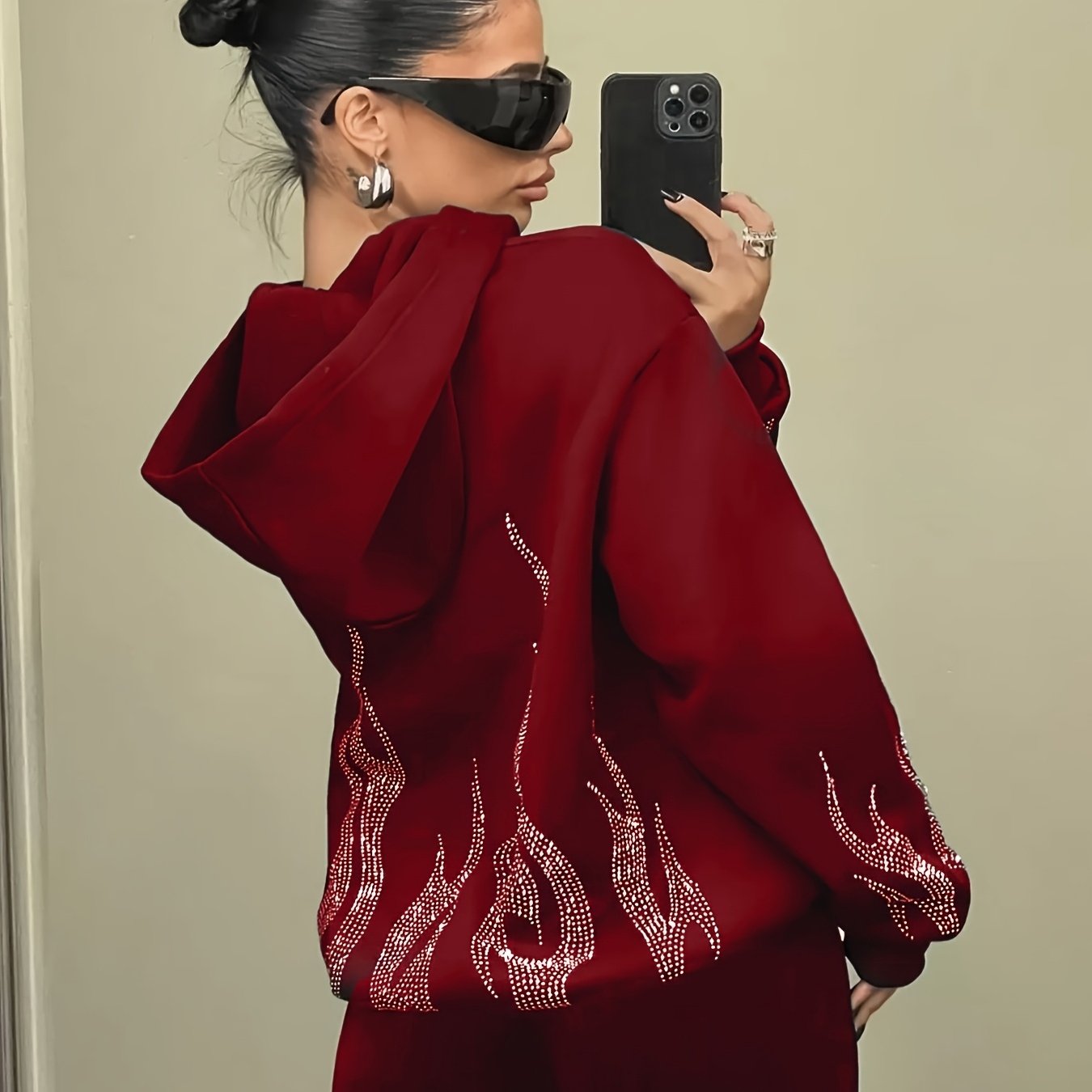 Women's hoodie with rhinestone flame pattern and hood, relaxed fit