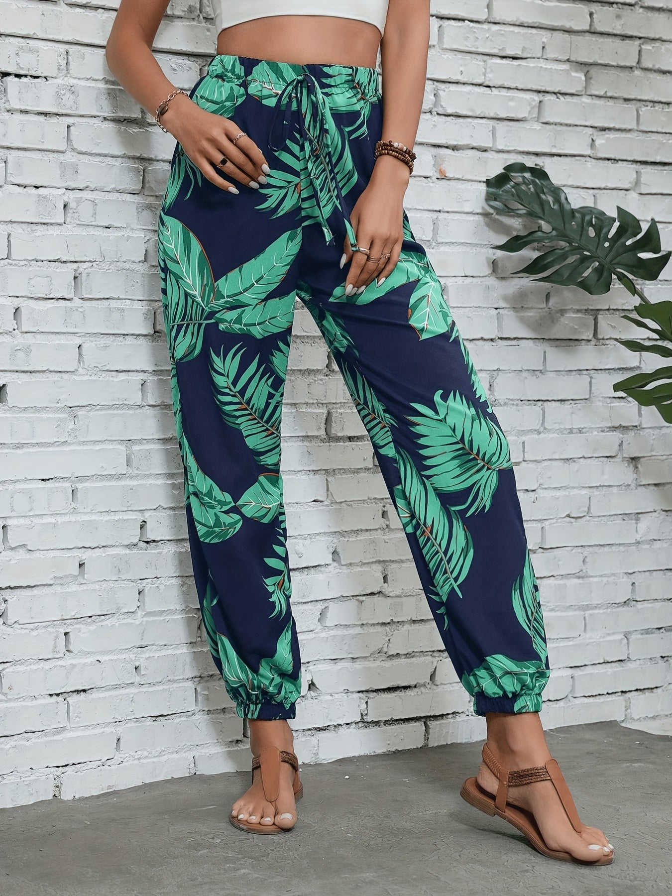 Women's Jogging Pants in Tropical Vacation Style with Plant Pattern – Perfect for Spring and Summer