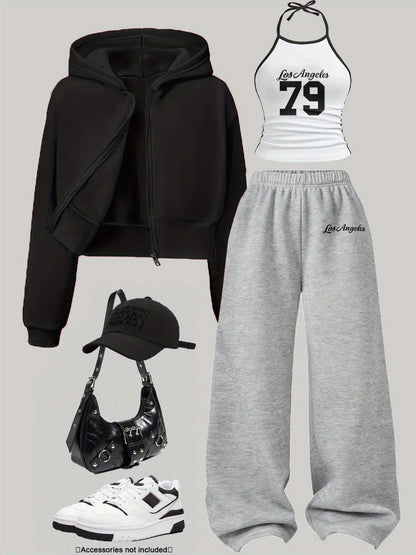 Women's 3-piece set: cropped hoodie, halter top & wide-leg joggers
