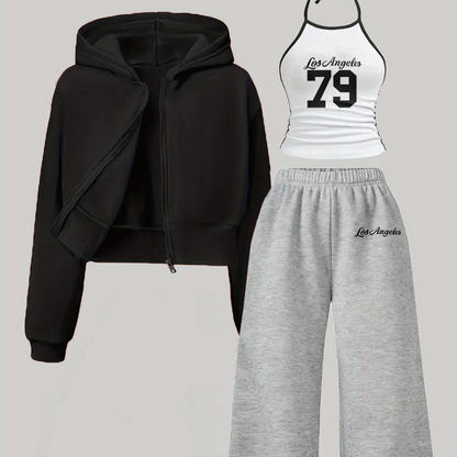Women's 3-piece set: cropped hoodie, halter top & wide-leg joggers
