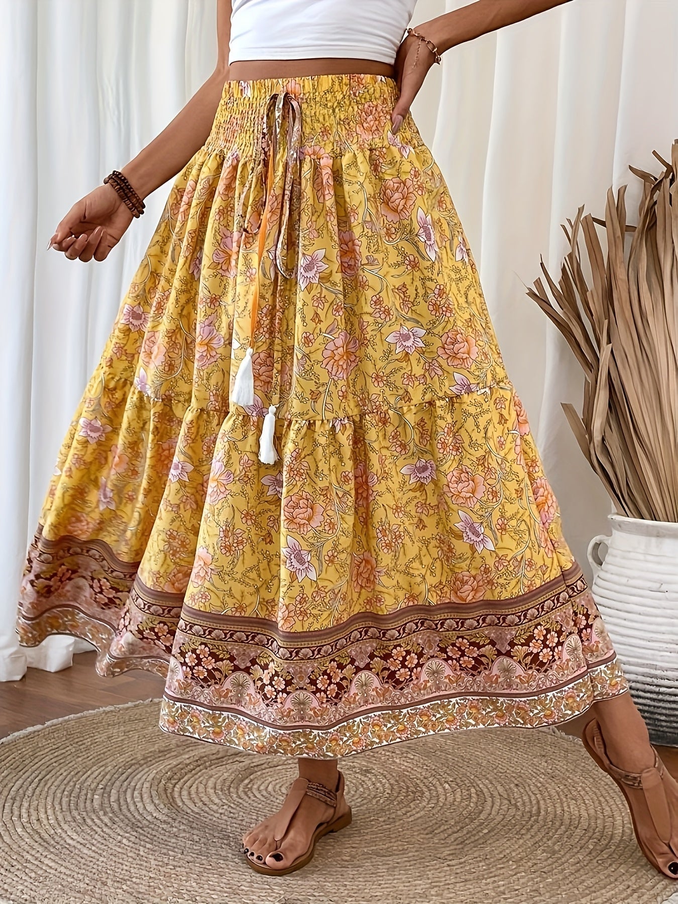 Women's Boho Maxi Skirt with Floral Pattern and Drawstring – Elegant Summer Skirt for Casual Wear and Vacation