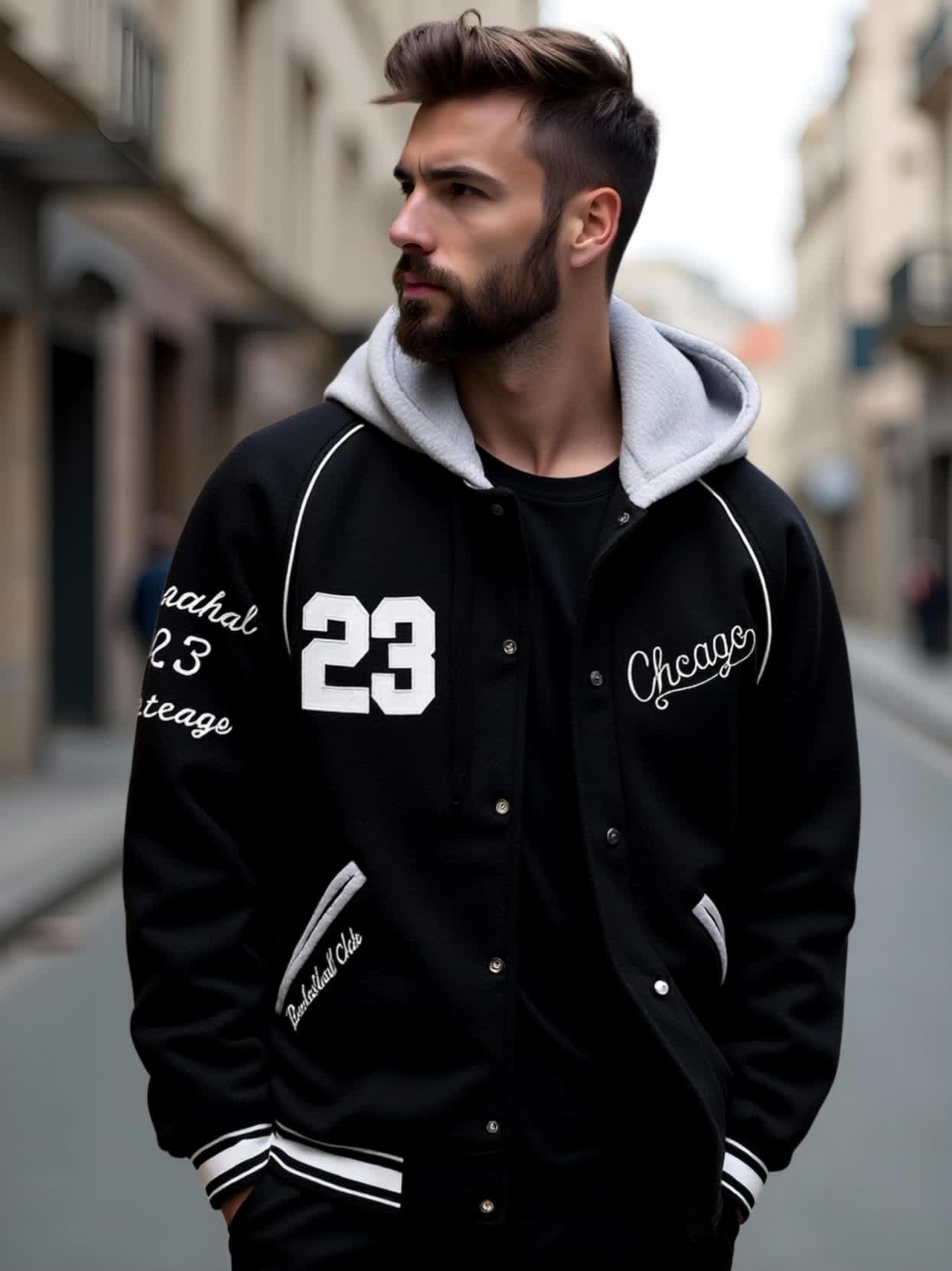 Men’s baseball jacket with hood, snap buttons, embroidery, and ribbed cuffs