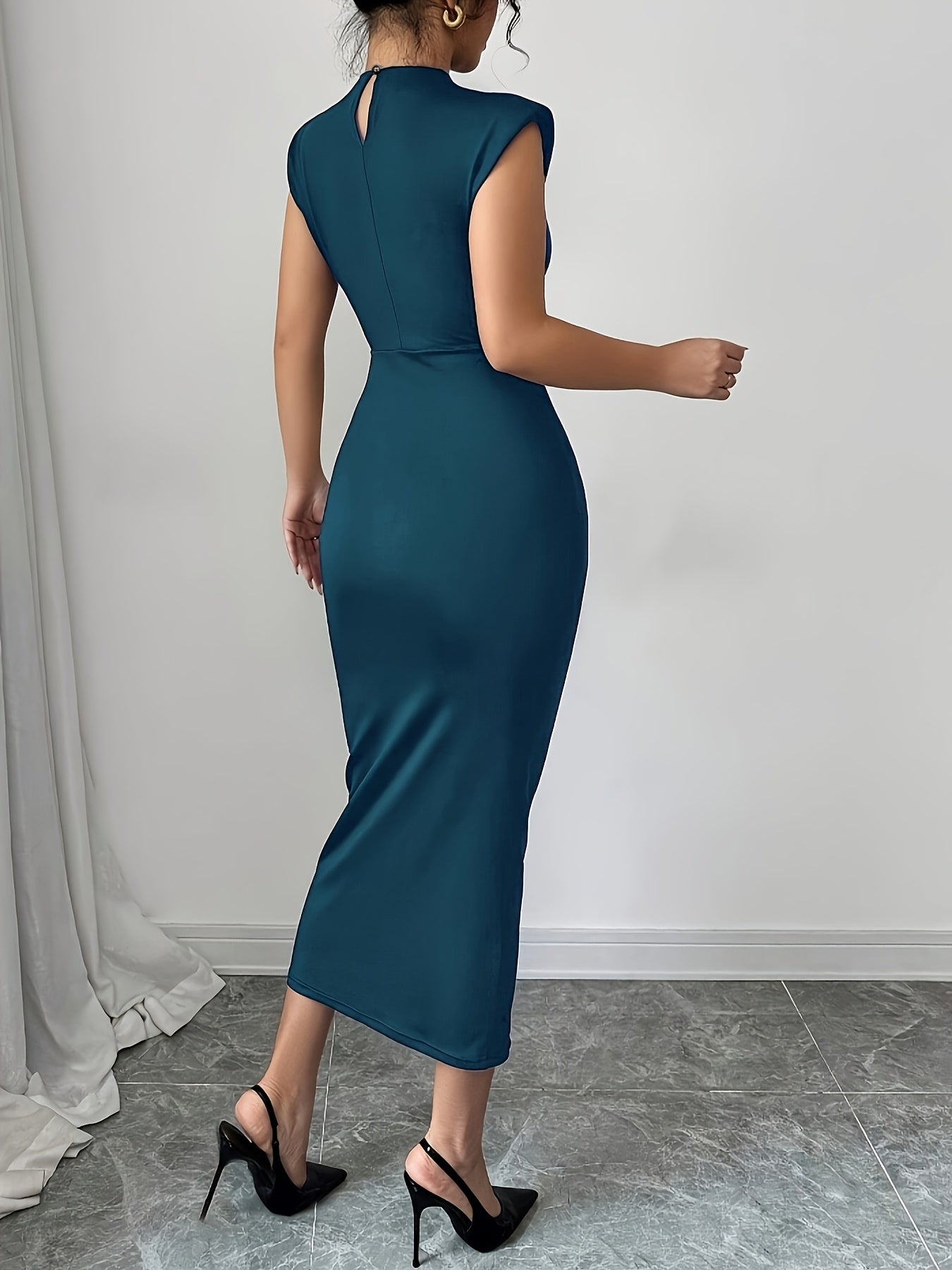 Women's Elegant Bodycon Midi Dress with Shoulder Pads – Perfect for Special Occasions and Business