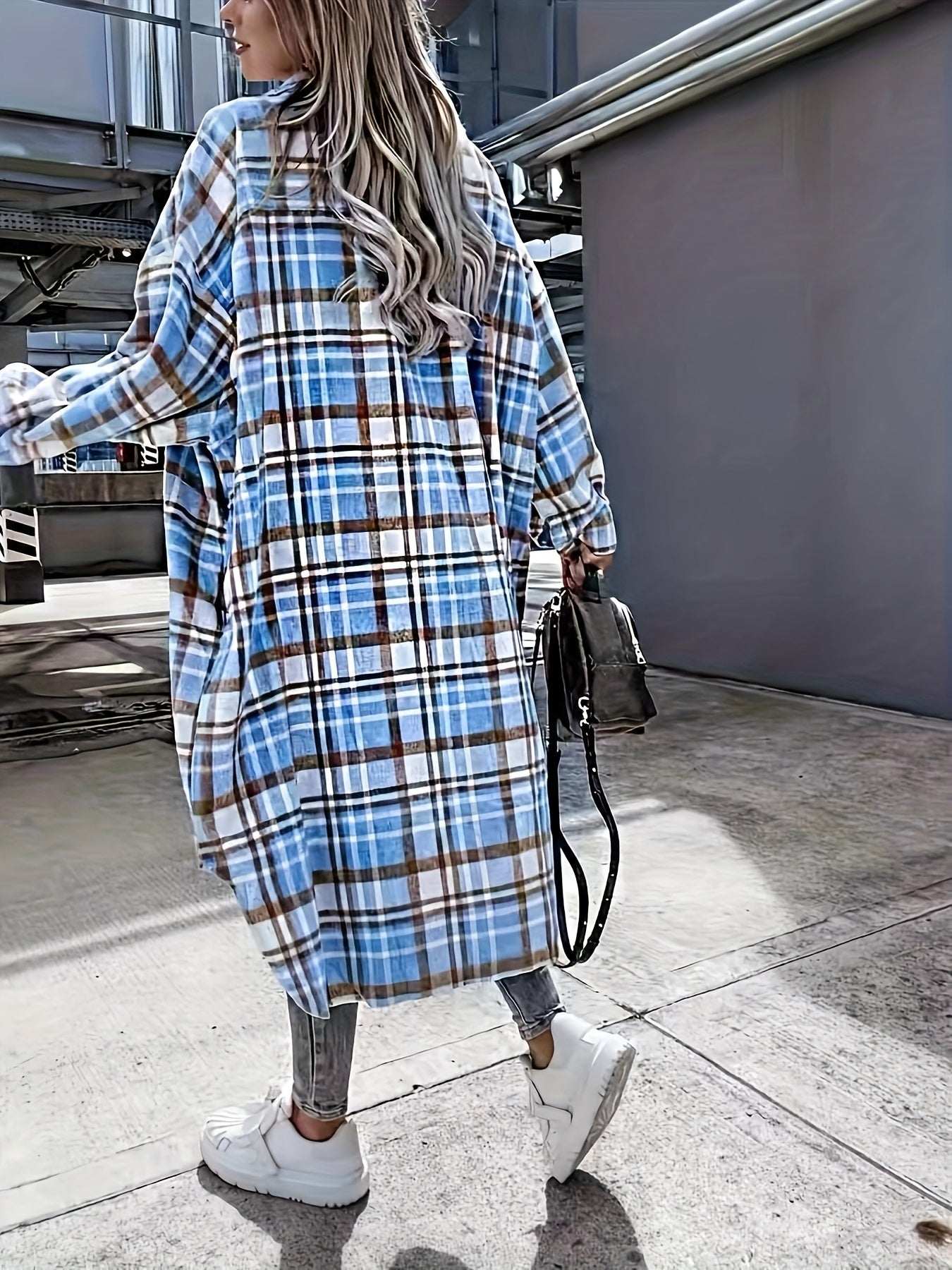Women's Long Checked Oversize Shacket in Casual Look for Spring and Autumn
