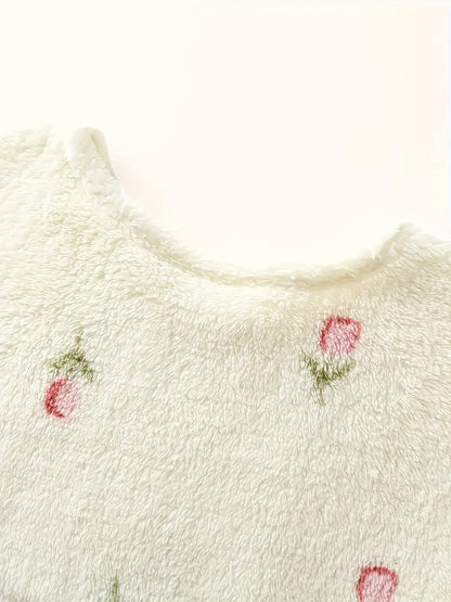 Women's fleece nightgown, cream, floral pattern, long-sleeved, short house dress