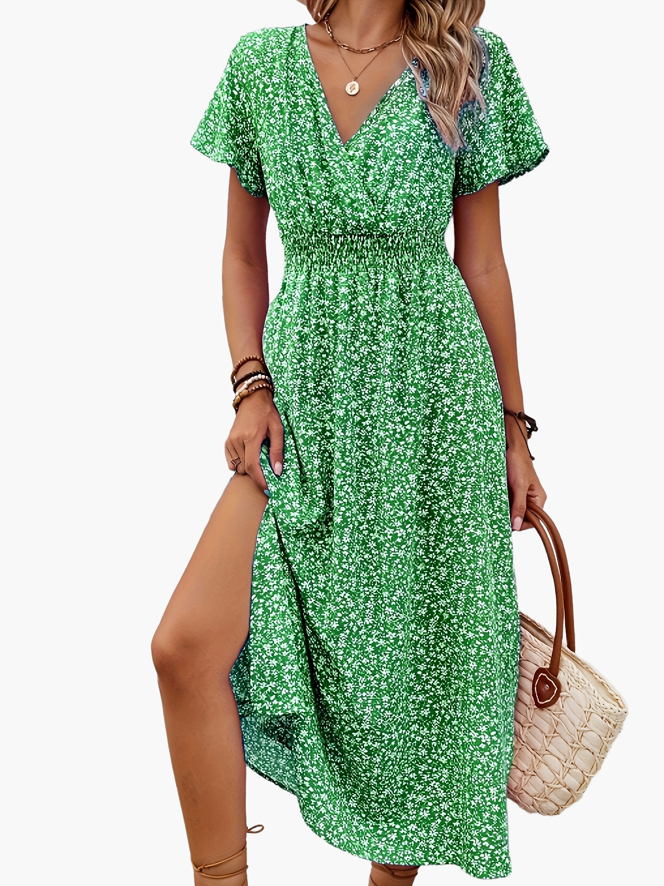 Damen Sommerkleid Elegant mit V-Ausschnitt und Blumenmuster – Perfekt für Freizeit, Urlaub und Alltag