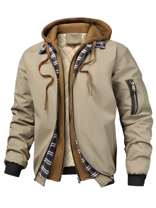Men's bomber jacket with hood, quilted lining, plaid beige