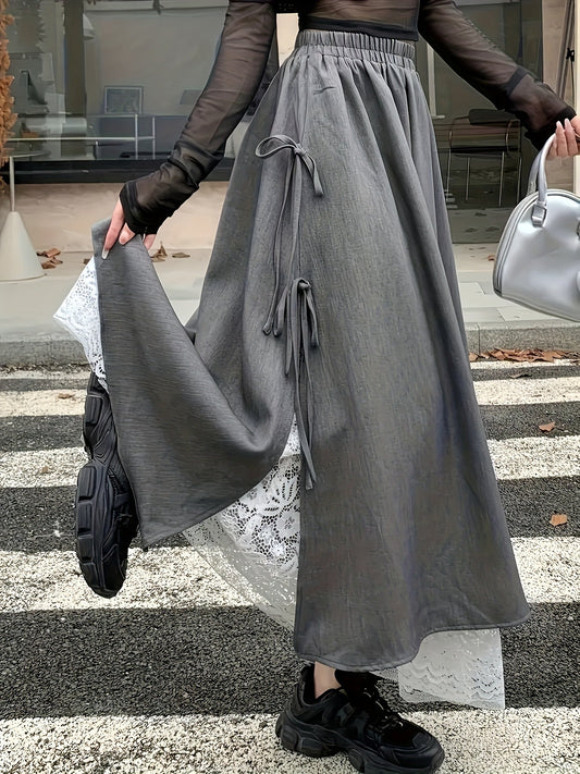 Gray maxi skirt with lace trim and tie straps