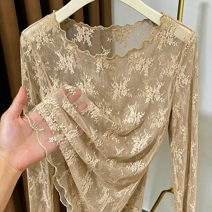 Women's long-sleeve shirt with floral embroidery and transparent design – elegant and versatile lace look for special occasions