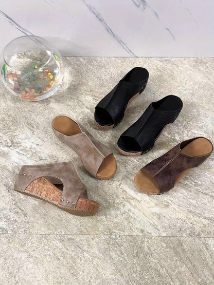 Women's Vintage Wedge Heel Mules for Summer – Comfortable Slip-on Sandals with Studs