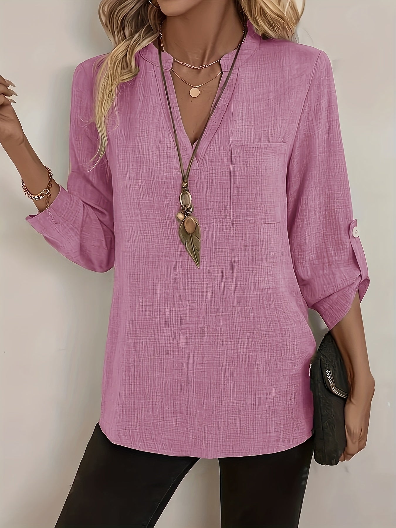 Damen Tunika Bluse mit V-Ausschnitt und Knopfdetails – Eleganter Freizeit-Look für Büro & Alltag