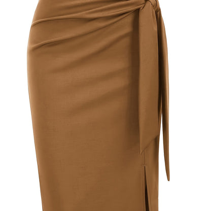 Women's Elegant Midi Skirt with Bow Detail and Slit – Perfect for Office & Festive Occasions
