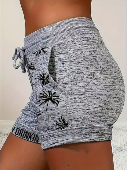Women's casual shorts with palm tree print and "DAY DRINKIN'" statement for summer & vacation