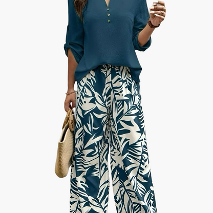Women's Elegant Set with Tropical Pattern – Wide Pants and Blouse, Perfect for Spring & Summer