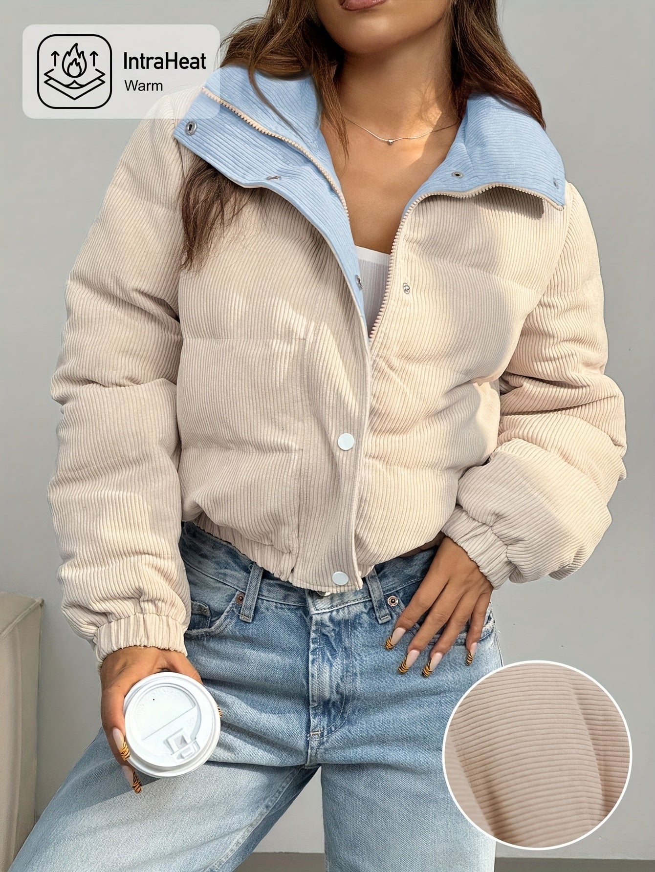 Damen Cord Pufferjacke Kurz Reverskragen Beige Rosa