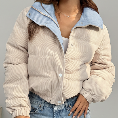 Damen Cord Pufferjacke Kurz Reverskragen Beige Rosa