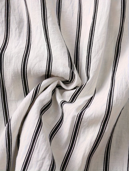 Women's short-sleeve blouse with stand-up collar and button placket – Casual stripes, summer tunic, office & leisure