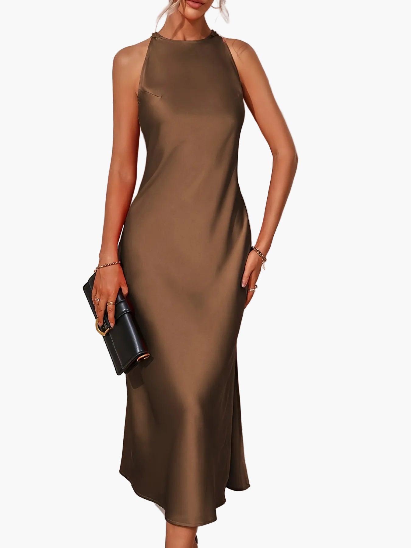 Women's Elegant Midi Dress with High Neckline for Special Occasions