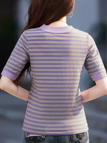 Damen Modernes Streifen T-Shirt mit V-Ausschnitt – Lässiger Alltagsstil