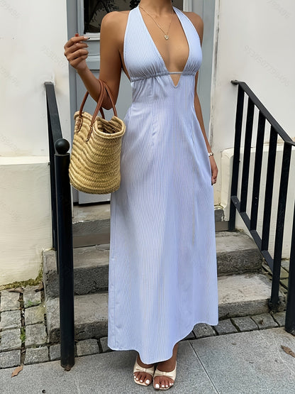 Women's halterneck maxi dress with stripes – Elegant summer dress for vacation and garden party