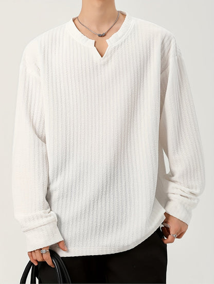 Men's long-sleeve shirt, Henley neckline, textured, light beige