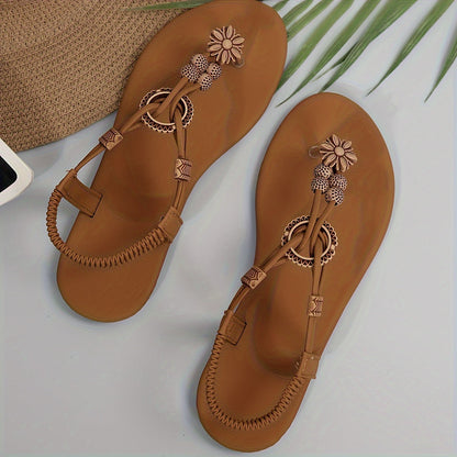 Women's Boho Thong Sandals – Flat Summer Shoes with Flower and Pearl Decoration