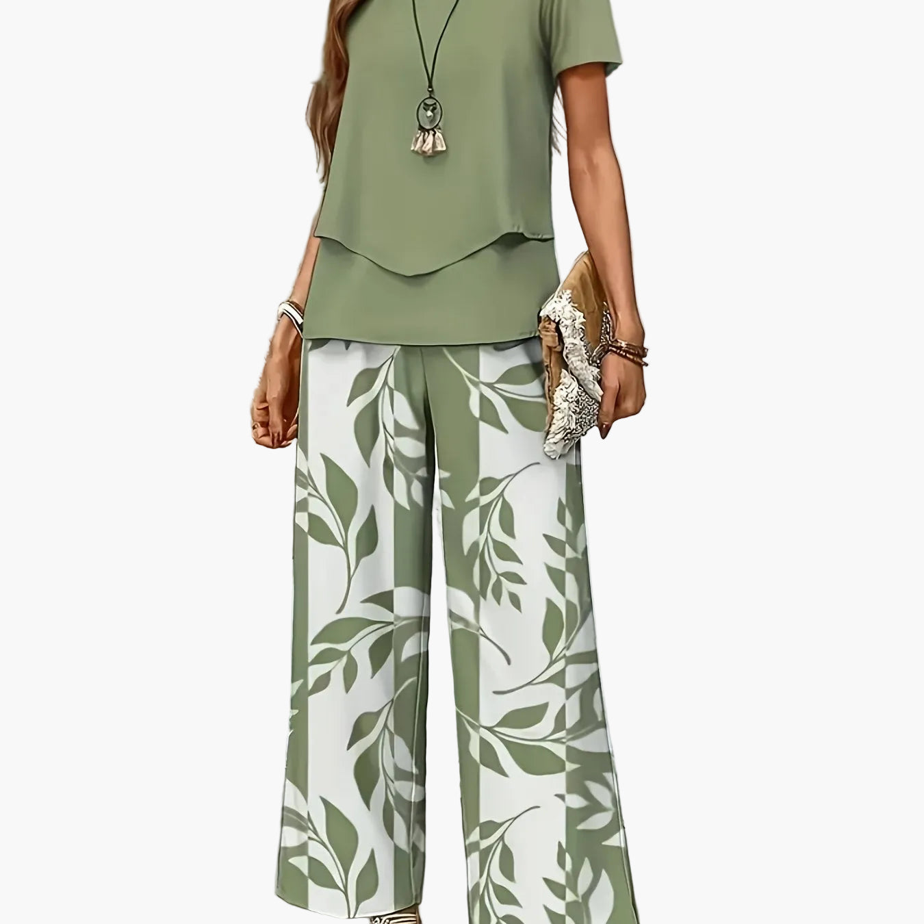 Women's Elegant Two-Piece Set with Short-Sleeve Shirt and Wide-Leg Pants, Floral, Perfect for Everyday and Vacation