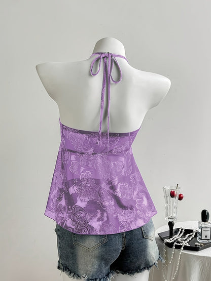 Women's Halterneck Top with Ruffles and Romantic Pattern – Ideal for Casual Wear and Summer