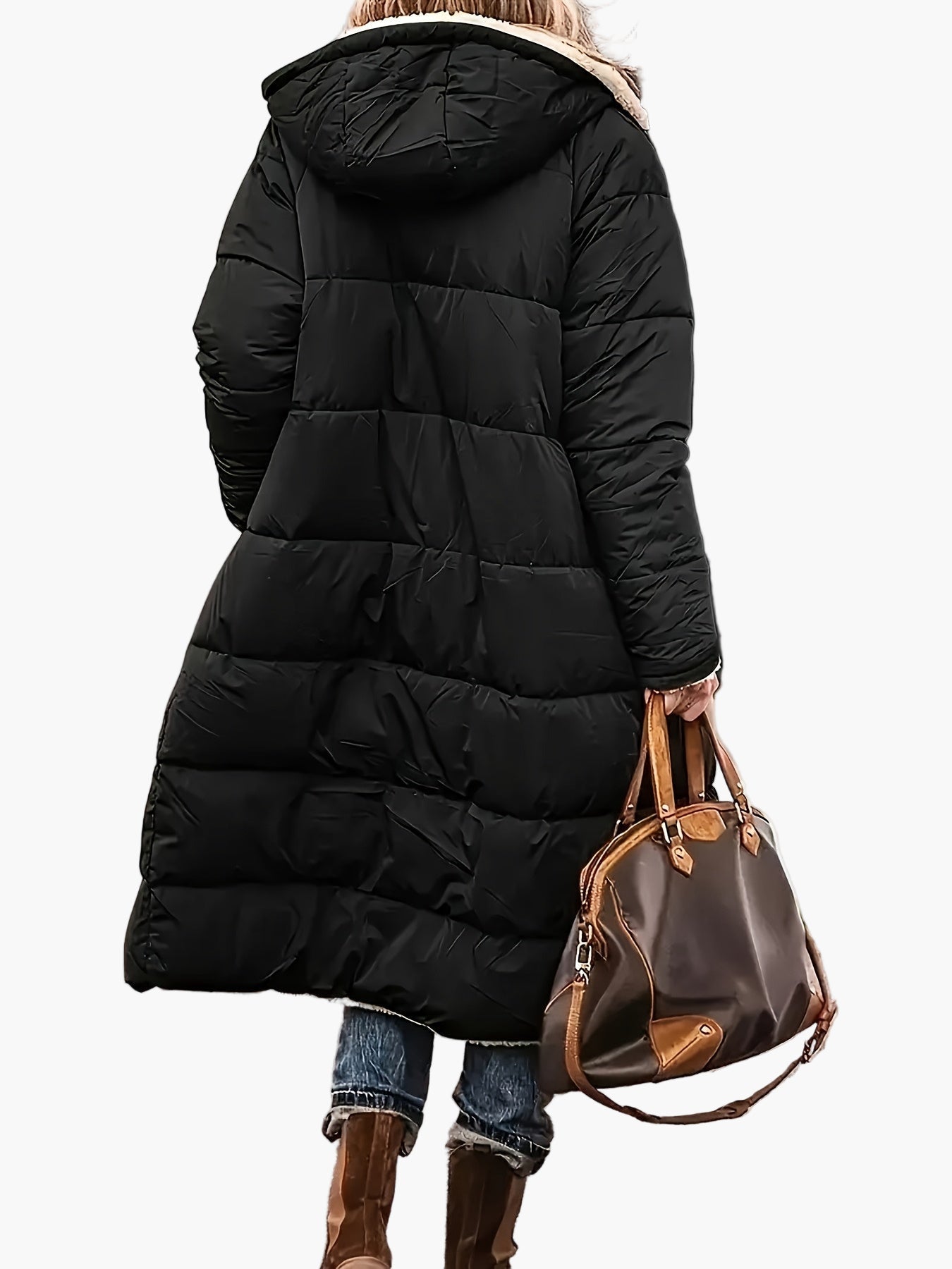 Women's Long Quilted Jacket with Hood and Teddy Lining – Fashionable Winter Coat for Leisure and Travel