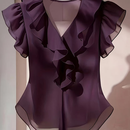 Women's blouse with ruffles and V-neck – Elegant frilled blouse for office and leisure