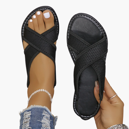 Women's Summer Sandals with Cross Straps and Mesh Design – Comfortable Slip-On Casual Slides