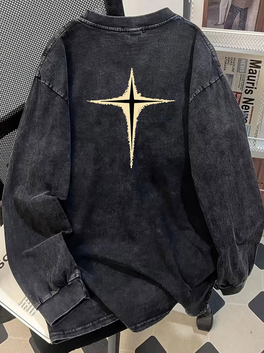 Unisex long-sleeve sweatshirt with star print, vintage washed look, crew neck, relaxed fit