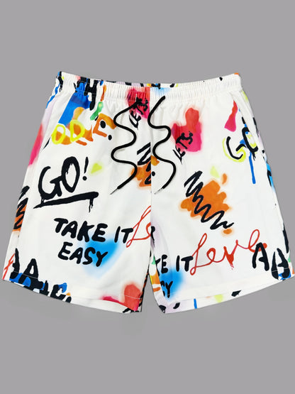 Men's Streetwear Shorts with Graffiti Print and Motivational Quote – Casual Summer Pants for Leisure and Beach