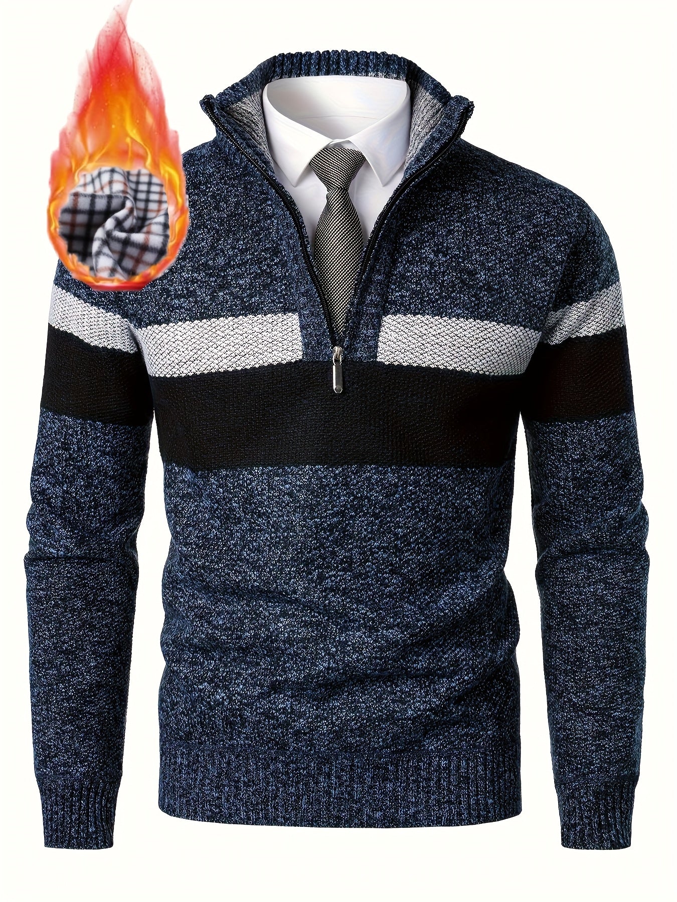 Men's knitted sweater with a stand-up collar and zipper, striped, softly lined inside