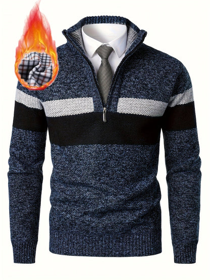 Men's knitted sweater with a stand-up collar and zipper, striped, softly lined inside