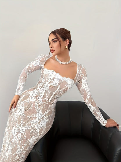 Women's Elegant Bodycon Evening Dress with Lace and Long Sleeves – Perfect for Special Occasions
