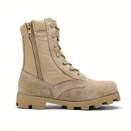 Beige men's lace-up boots with a zipper and rugged tread