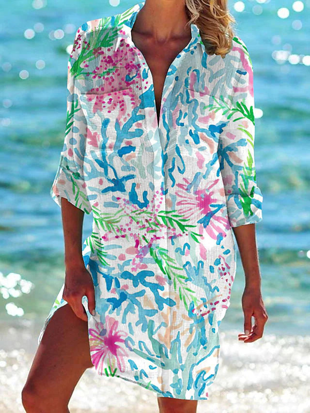 Women's Beach Tunic Dress – Summer Beach Cover-up, Airy, Tropical Pattern, Perfect for Vacation & Pool