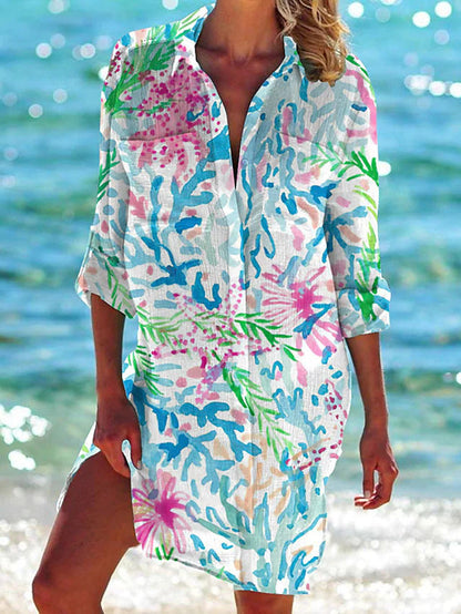 Women's Beach Tunic Dress – Summer Beach Cover-up, Airy, Tropical Pattern, Perfect for Vacation & Pool