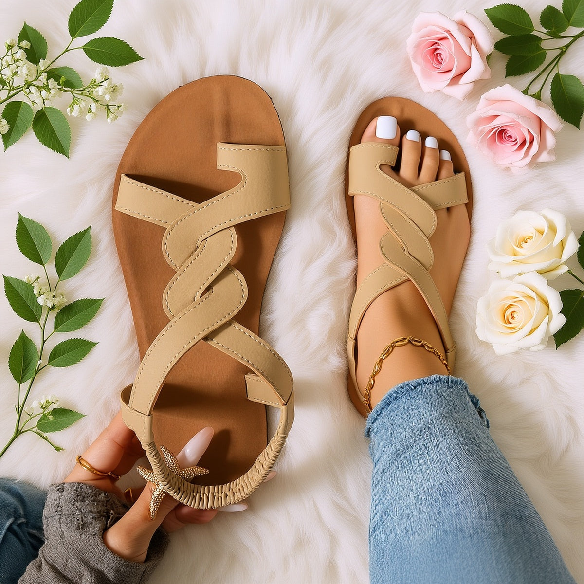 Women's Summer Shoes – Fashionable Sandals with Wave Straps and Star Accent for Beach and Leisure