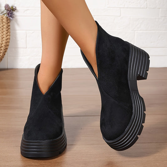 Women's black platform ankle boots with block heels