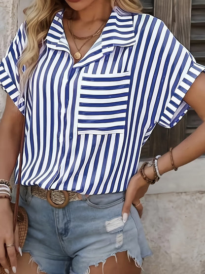Women's blouse shirt with stripe pattern and short sleeves – Elegant casual look for spring and summer