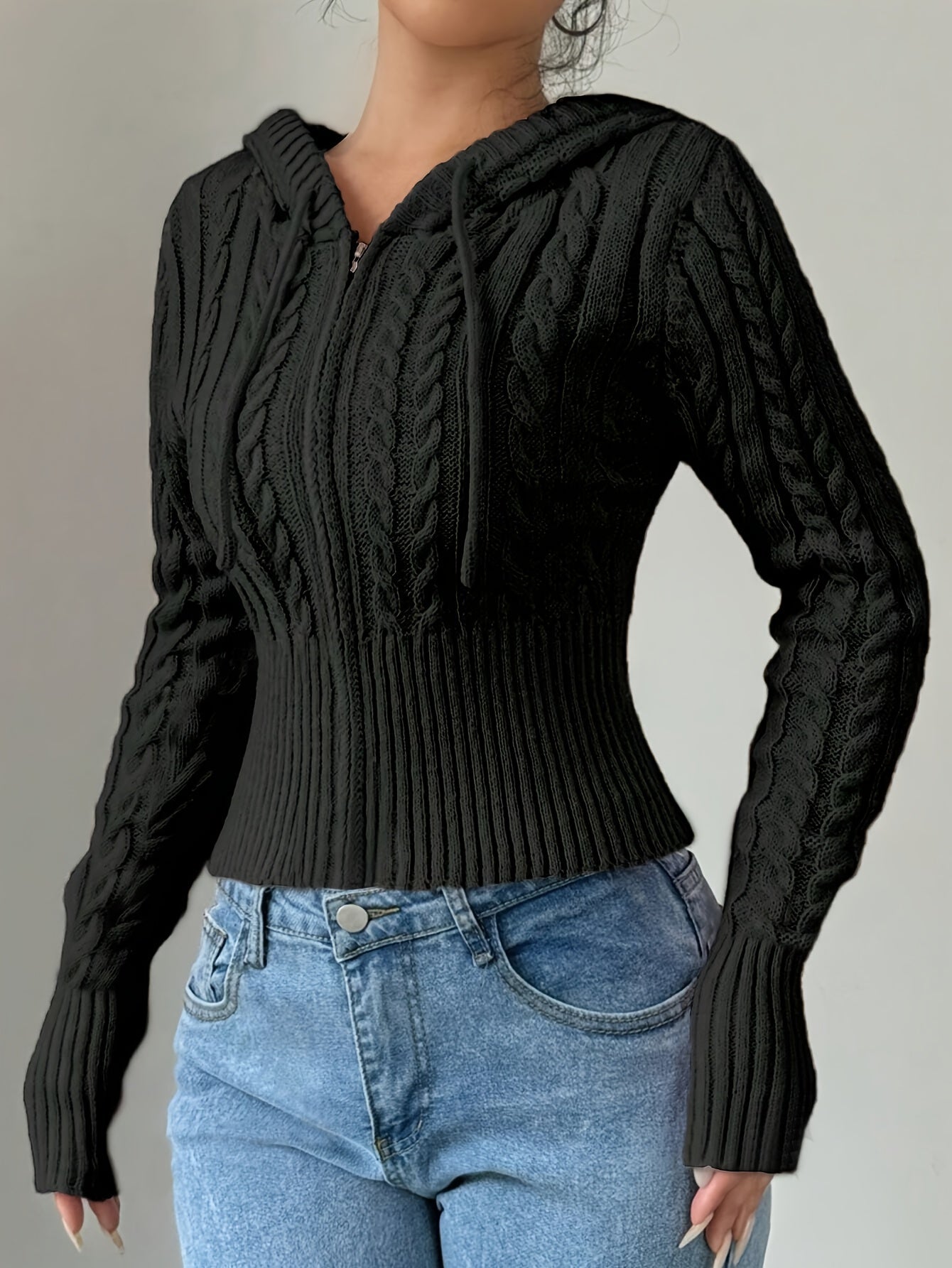 Damen Strickpullover Hoodie Crop Top Zopfmuster Reißverschluss