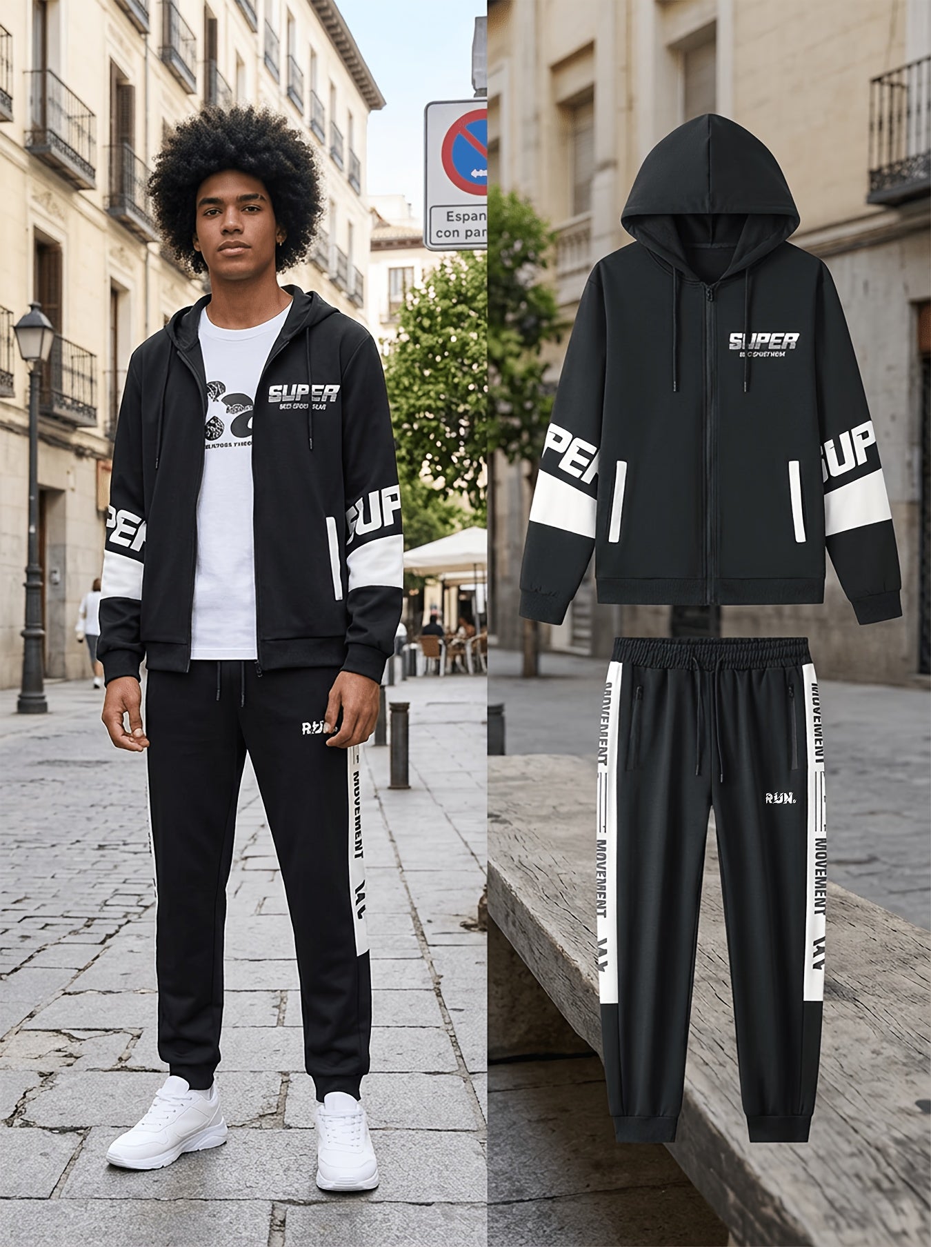 Men's sports tracksuit with a zip-up hooded jacket and striped joggers