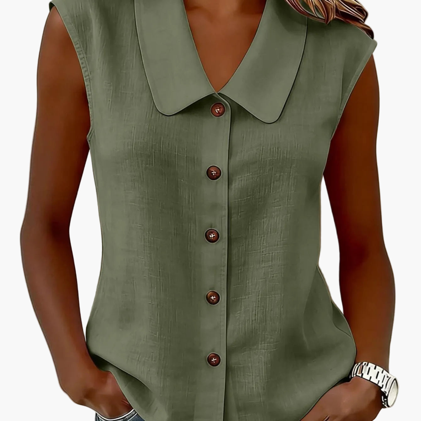Women's sleeveless blouse with button placket and wide collar – Elegant casual wear