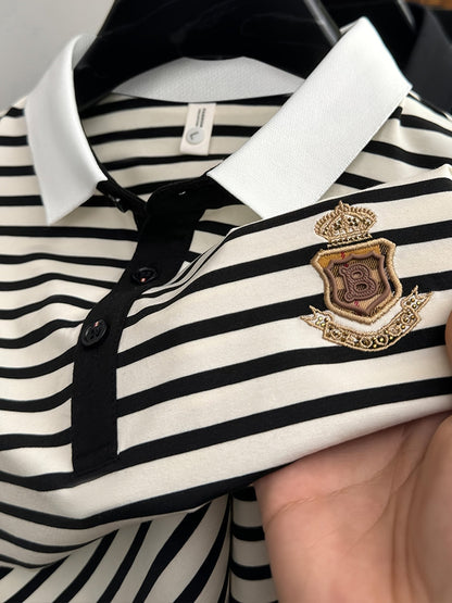 Men's Polo Shirt with Stripe Pattern and Chest Emblem – Classic, Short Sleeve, Smart-Casual for Leisure and Office