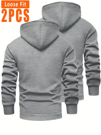2-pack of men’s hooded sweatshirts, fleece-lined, with kangaroo pockets and drawstrings, black & dark gray