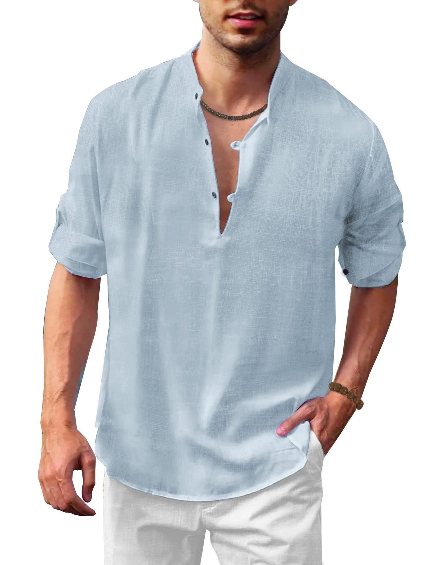 Men's Casual Henley Long Sleeve Shirt – Loose Beach Shirt for Vacation and Everyday Use