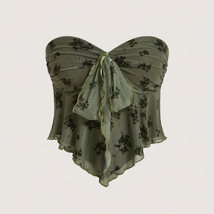 Women's Bandeau Top with Tie Knot and Floral Pattern – Elegant Summer Top for Going Out and Leisure