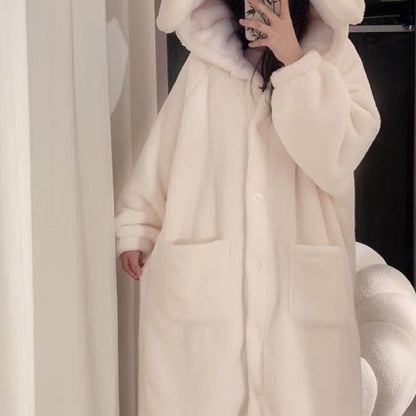 Unisex Plüsch Bademantel Hase mit Kapuze Langarm Weich Creme